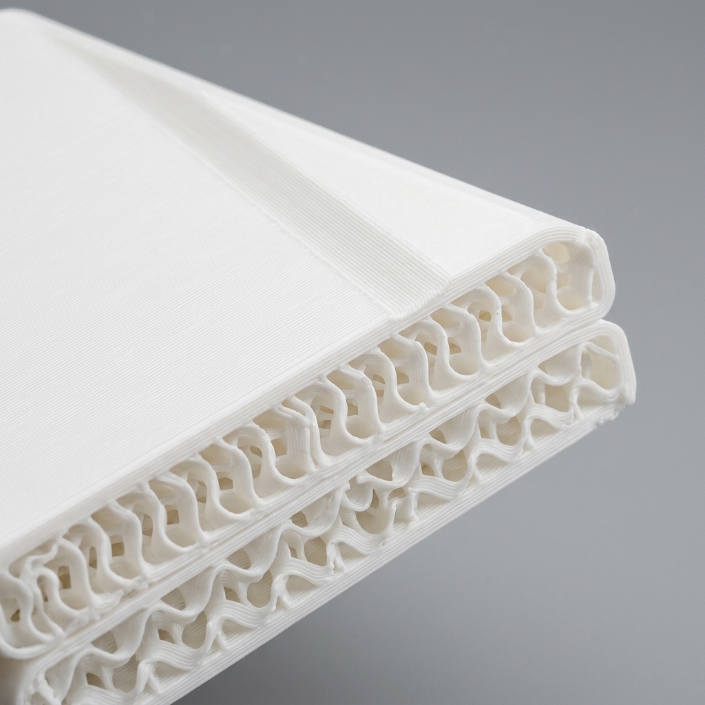 3D-printed component showcasing internal gyroid infill structure